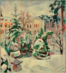 Verschneiter Park mit Häusern